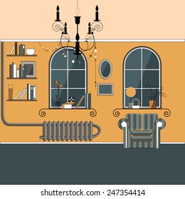 room with with orange wallpaper and large windows