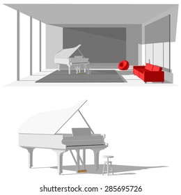 Room with piano and red sofa