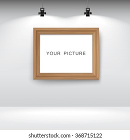 Room with picture frame. Vector illustration of white studio interior with spotlight.