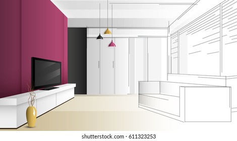 Room pink wall interior design. Living room with furniture. Cozy interior with shelf black. sketch style vector illustration.