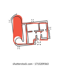Room plan icon in comic style. Blueprint cartoon vector illustration on white isolated background. House project splash effect business concept.