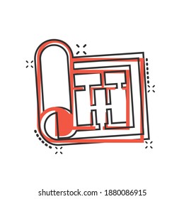 Room plan icon in comic style. Blueprint cartoon vector illustration on white isolated background. House project splash effect business concept.