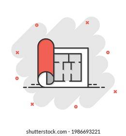 Room plan icon in comic style. Blueprint cartoon vector illustration on white isolated background. House project splash effect business concept.
