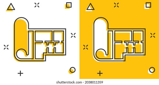 Room plan icon in comic style. Blueprint cartoon vector illustration on white isolated background. House project splash effect business concept.