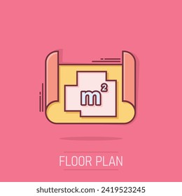 Room plan icon in comic style. Blueprint cartoon vector illustration on isolated background. House project splash effect business concept.