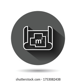 Room plan icon in flat style. Blueprint vector illustration on black round background with long shadow effect. House project circle button business concept.