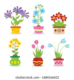 Room plants in clay pots vector illustrations set.