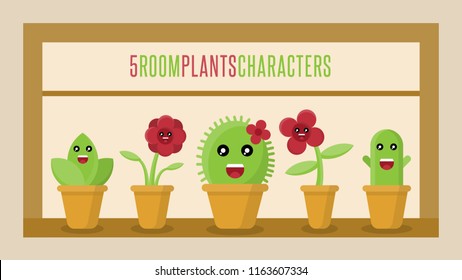 Room Plants Cute Characters Set