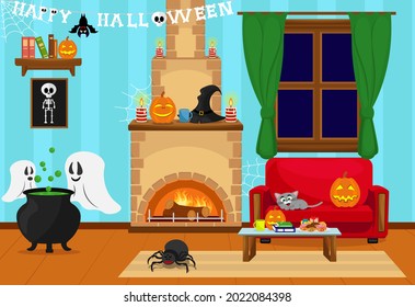 A room prepared for the celebration of Halloween with horror stories. Vector illustration on the theme of the interior.