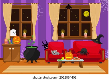 A room prepared for the celebration of Halloween with horror stories. Vector illustration on the theme of the interior.