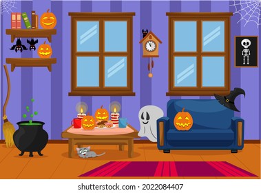 A room prepared for the celebration of Halloween with horror stories. Vector illustration on the theme of the interior.