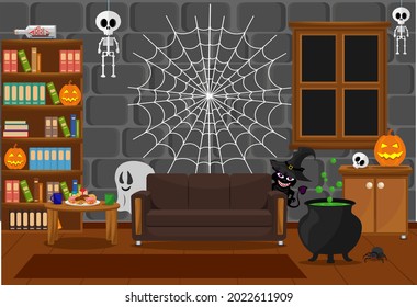 A room prepared for the celebration of Halloween with horror stories. Vector illustration on the theme of the interior.