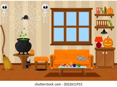 A room prepared for the celebration of Halloween with horror stories. Vector illustration on the theme of the interior.