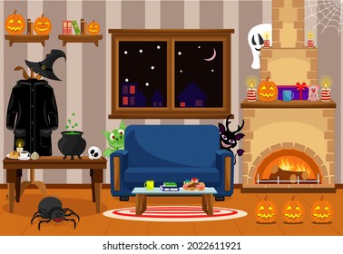 A room prepared for the celebration of Halloween with horror stories. Vector illustration on the theme of the interior.