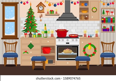 Room prepared for the new year and Christmas. Studio apartment with combined living room and kitchen.
