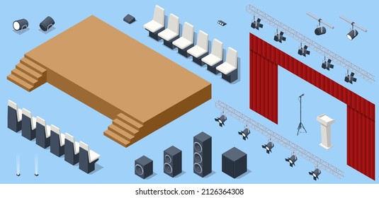 Room for press conferences constructor. Isometric stand for press conference with microphones, equipped place for the speaker, theater spot lights, podium, award, spotlight, pedestal