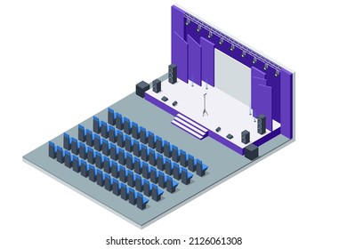 Room for press conferences. Isometric stand for press conference with microphones, equipped place for the speaker in front of journalists.