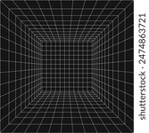 Room projection grid in futuristic 3d style. Outline futuristic grid background, room projection. Wireframe grid template in perspective view