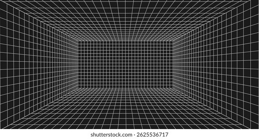 Room projection grid in futuristic 3d style. Outline futuristic grid background, room projection. Wireframe grid template in perspective view
