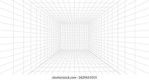 Room projection grid in futuristic 3d style. Outline futuristic grid background, room projection. Wireframe grid template in perspective view. Vector