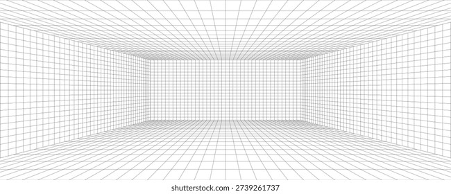 Room projection grid in futuristic 3d style. Outline futuristic grid background, room projection. Wireframe grid template in perspective view
