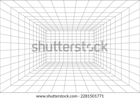 Room projection grid in futuristic 3d style. Outline futuristic grid background, room projection. Wireframe grid template in perspective view. Vector