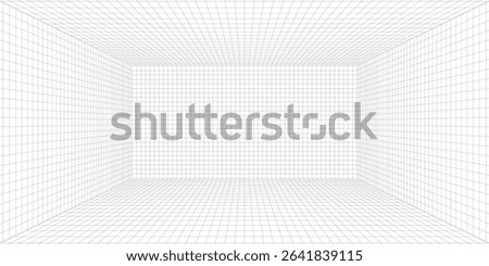 Room projection grid in futuristic 3d style. Outline futuristic grid background, room projection. Wireframe grid template in perspective view. Vector