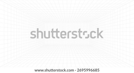 Room projection grid in futuristic 3d style. Outline futuristic grid background, room projection. Wireframe grid template in perspective view. Vector