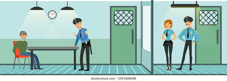 Room for questioning a suspect in a police station, policemen at work, police department interior vector Illustration in flat style