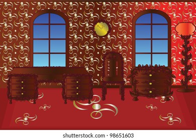 room for reading, resting with wooden furniture in red color