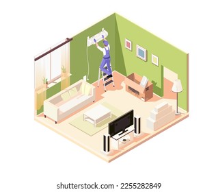 Room renovation concept with professional air conditioner installer. Repair person fixing split system near window on wall. Apartment with furniture tv, sofa, table isometric 3d. Vector illustration