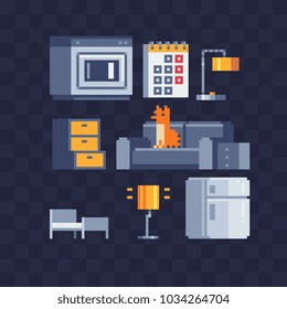 Room for rent, cozy apartment interior studio furniture house pixel art set icons furniture for home microwave oven, drawer, sofa, calendar, lamp, bed, refrigerator isolated vector illustration, 8-bit