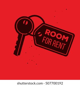 Room For Rent Icon, Key And Label With Sign