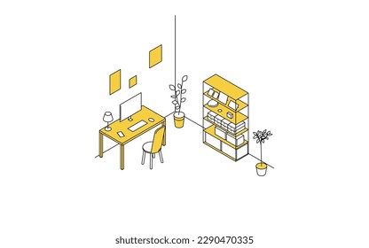 Room for rent: simple isometric of study, work desk and bookshelf, Vector Illustration
