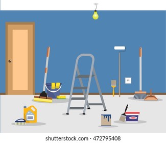 Room repair in home. Cleaning in the apartment after walls painting. Vector flat illustration