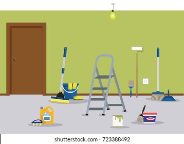 Room repair in home. Cleaning in the apartment after walls painting. There is a ladder, a bucket, a mop, a brush, a scoop and other objects in the picture. Vector flat illustration