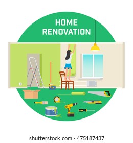 Room repair in home. Interior renovation in apartment and house. girl sticks Wallpaper in the room. Flat style vector illustration.