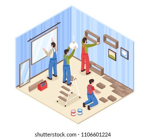 Room repair isometric composition with window installation, floor and electric works, carpentry, interior elements, vector illustration