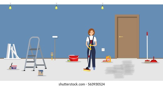 Room repairing at home. Cleaning in the apartment after walls' painting. Cleaning woman, standing with a mop, in the blue room. Vector illustration