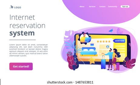 Room reservation online customer support, consultation. Virtual reception office. Internet booking, accommodation search helpline chat concept. Website homepage landing web page template.