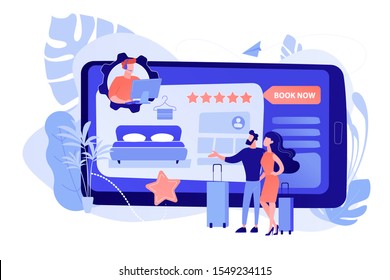 Room reservation online customer support, consultation. Virtual reception office. Internet booking, accommodation search helpline chat concept. Pinkish coral bluevector isolated illustration