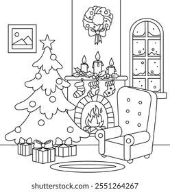 Quarto de Papai Noel com uma lareira e uma árvore de Natal. Ilustração de vetor preto e branco para livro de coloração