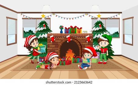 Room scene with children celebrating Christmas illustration