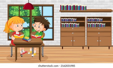 Room scene with children doing homework  illustration