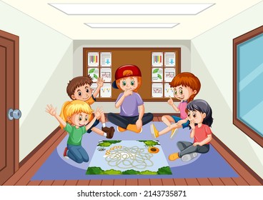 A room scene  with children playing board game illustration