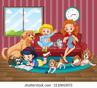 Room scene with happy family and dogs illustration