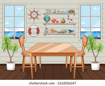 Room Scene With Miscellaneous Objects On Wall Shelves Illustration