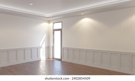 diseño de las habitaciones con molduras de pared decorativas y suelo de vinilo de madera destinado a salas de reuniones, salones y otros espacios de oficinas