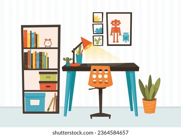 Room for a schoolchild. Cabinet. Cartoon vector illustration. Concept of a workplace for a child.