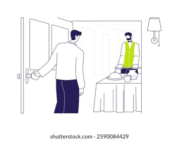 Room service abstract concept vector illustration. Professional hotel maid brings breakfast to the room, recreation and hospitality business, hotel room service, luxury resort abstract metaphor.